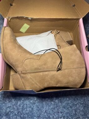 pop Tan Suede-Look Mid-Calf Ankle Boots with Side Zip